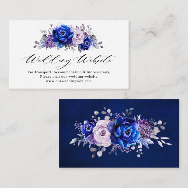 Royal Blue Lilac Purple Floral Website Details Enclosure Card (Front/Back)