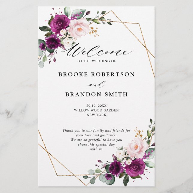 Royal Blue Lilac Purple Floral Wedding Program (Front)