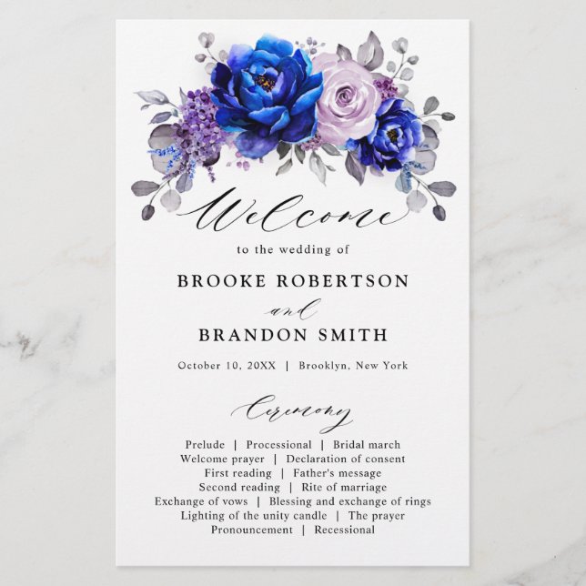 Royal Blue Lilac Purple Floral Wedding Program (Front)