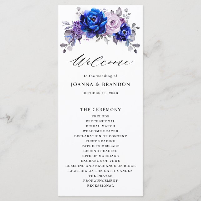 Royal Blue Lilac Purple Floral Wedding Programme (Front)