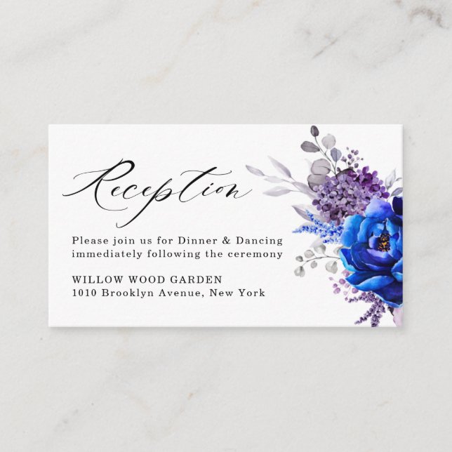 Royal Blue Lilac Purple Floral Wedding Reception Enclosure Card (Front)