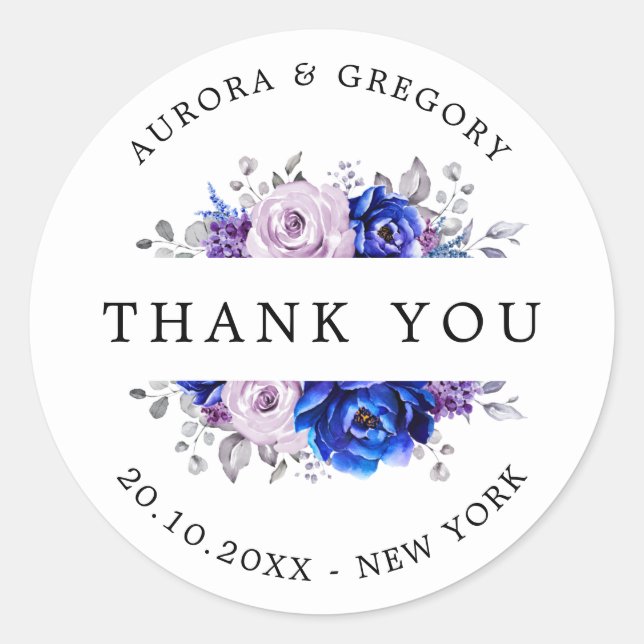 Royal Blue Lilac Purple Floral Wedding Thank You Classic Round Sticker (Front)
