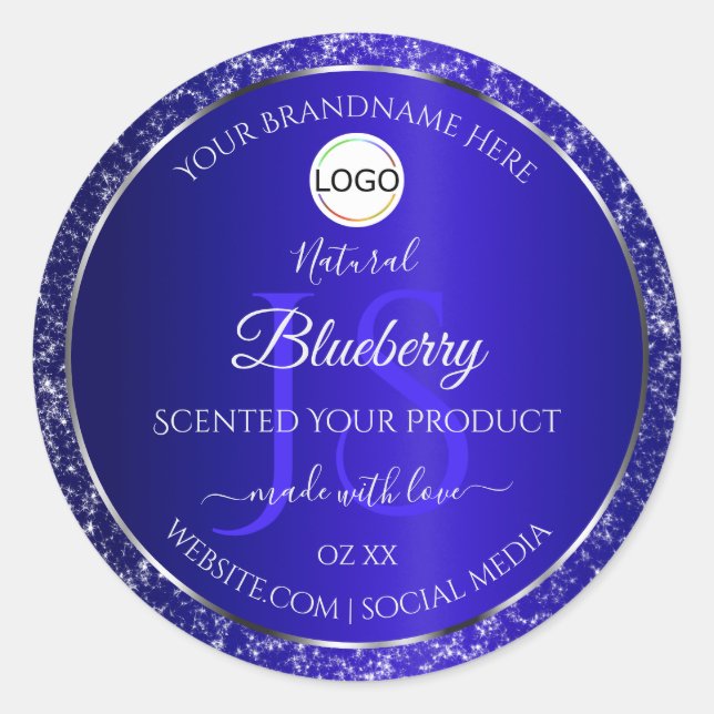 Royal Blue Logo Initials Glitter Product Labels (Front)
