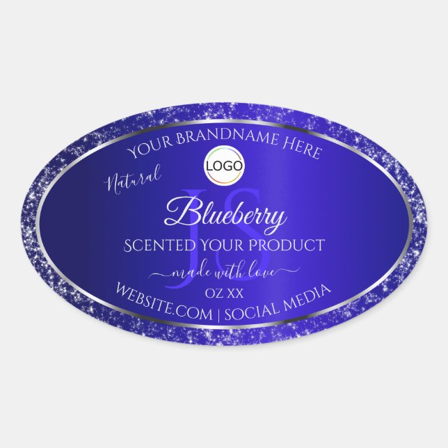 Royal Blue Logo Initials Glitter Product Labels (Front)