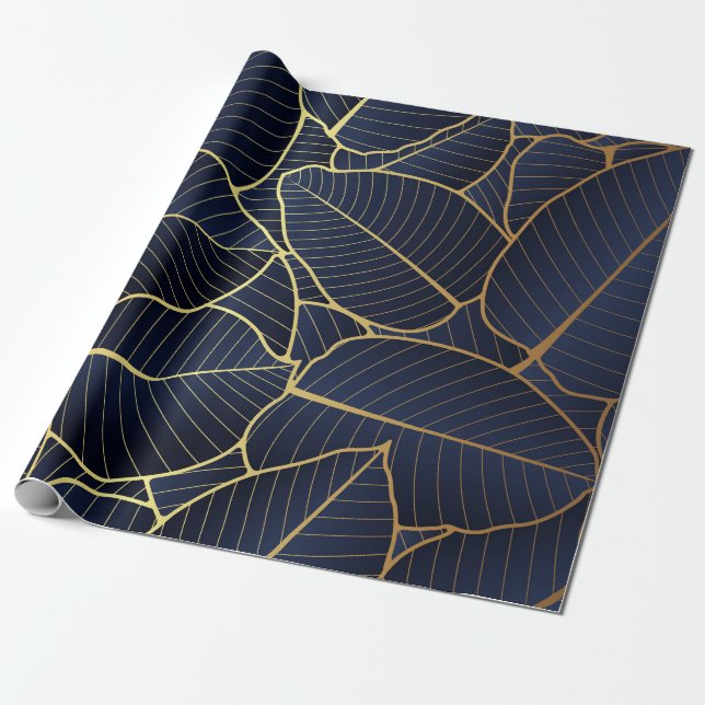 Royal Blue Luxury Gold leaf Gift  Wrapping Paper (Unrolled)