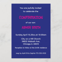 Royal Blue & Magenta Son's Confirmation Invitation