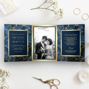 Royal Blue Marble Faux Gold Foil Photo Wedding Tri-Fold Invitation
