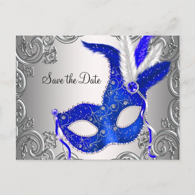 Royal Blue Masquerade Save The Date Announcement Postcard (Front)
