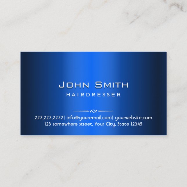 Royal Blue Metal Hairdresser Business Card (Front)