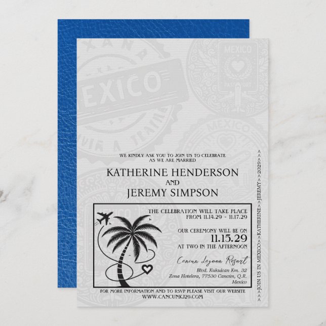 Royal Blue Mexico Passport Wedding Invitation (Front/Back)