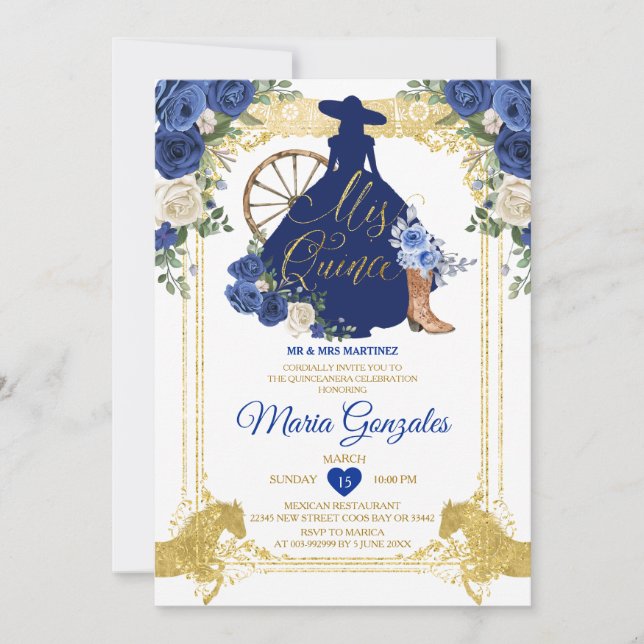Royal Blue Mis Quince 15 Anos Gold Glitter Invitation (Front)