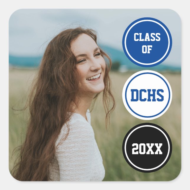 Royal Blue Modern Circles Photo Graduation Square Sticker (Front)