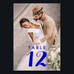 Royal Blue Modern Photo Wedding Reception Table Number<br><div class="desc">Modern photo wedding reception table card with royal blue text and a repeating design on both the front and back of the card. This elegant and chic table card is the perfect choice for your special day. It allows you to showcase a favourite photo while also providing guests with clear...</div>