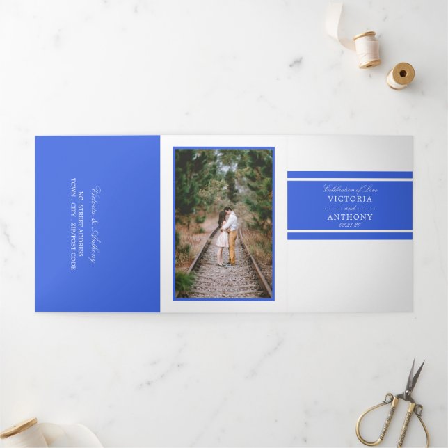 Royal Blue Modern Wedding Suite Tri-Fold Invitation (Outside)