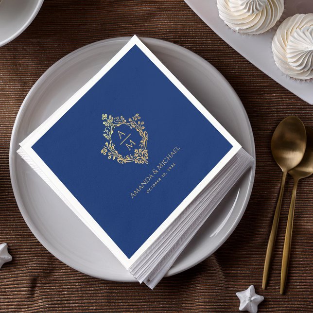 Royal Blue Monogram Crest Faux Gold Wedding Napkin (Creator Uploaded)