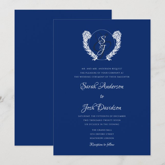 Royal Blue Monogram Elegant Wedding  Invitation (Front/Back)