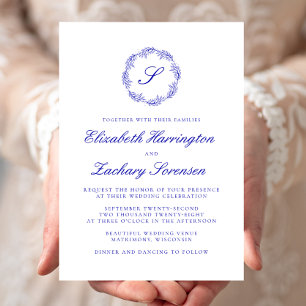 Royal Blue Monogram Wreath Script Wedding Invitation