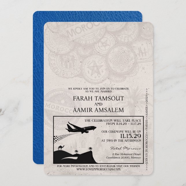 Royal Blue Morocco Passport Wedding Invitation (Front/Back)