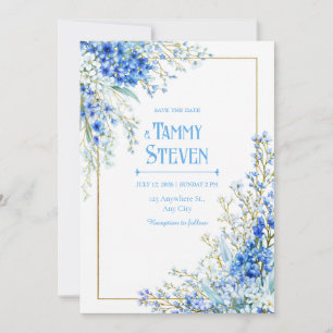 Royal Blue Muscari Watercolor Gold Frame Wedding Invitation