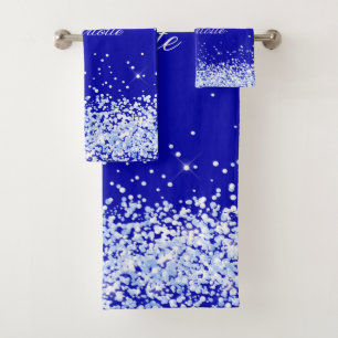 Royal blue name script bath towel set