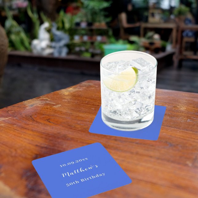 Royal blue name script birthday square paper coaster (Creator Uploaded)