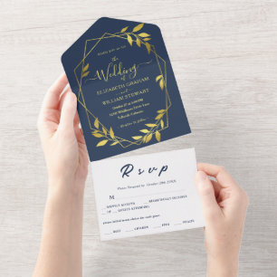 Royal Blue Navy Botanical Geometric Wedding All In One Invitation