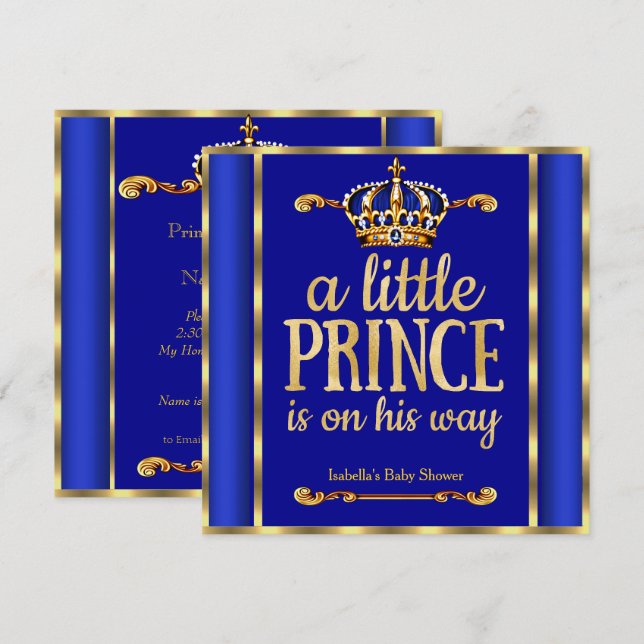 Royal Blue Navy Gold Prince on his way Baby Shower Invitation (Front/Back)
