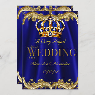 Royal Blue Navy Wedding Gold Crown Invitation