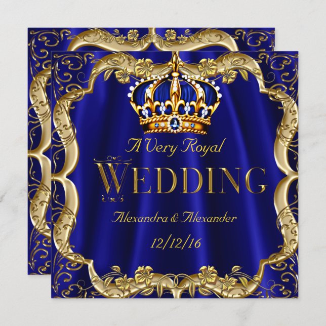 Royal Blue Navy Wedding Gold Crown Invitation (Front/Back)