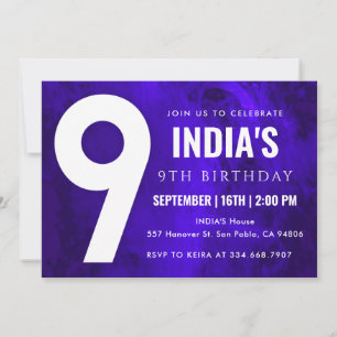 Royal Blue Neon 9th birthday Invitation