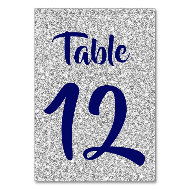 Royal Blue Numbers on a Silver Glitter Background Table Number (Front)