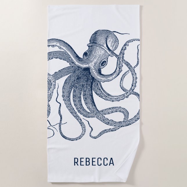 Royal Blue Octopus Illustration Beach Towel (Front)