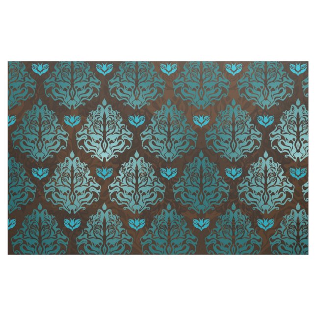 Royal Blue on Brown Retro Damask Luxury Decorative Fabric (Fat Quarter)