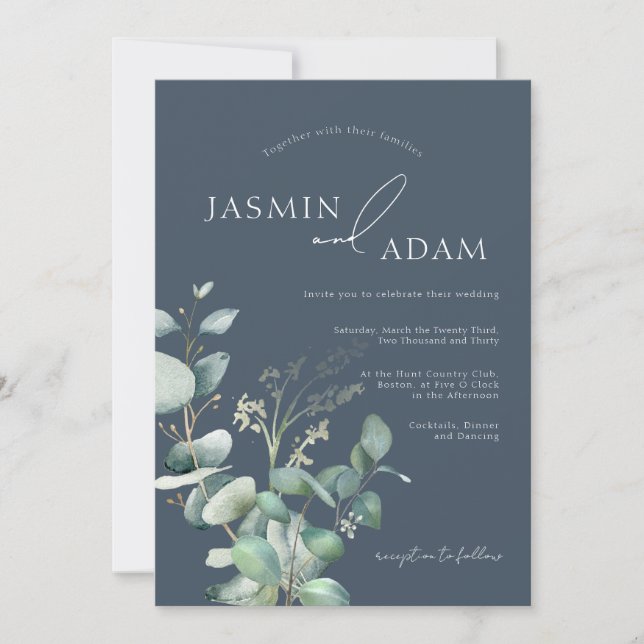 Royal Blue Opulence Eucalyptus Monogram Wedding Invitation (Front)