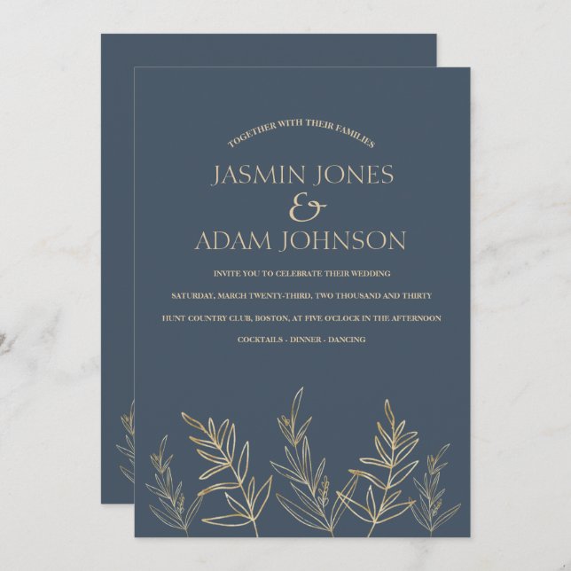 Royal Blue Opulence Gold Leaves Wedding Invitation (Front/Back)