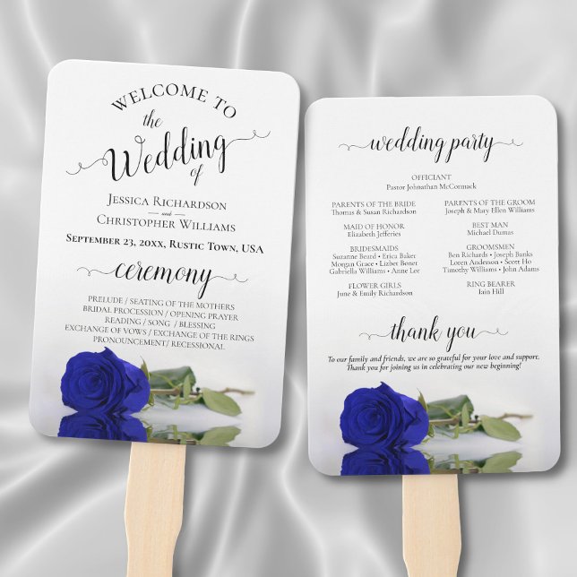 Royal Blue or Cobalt Rose Elegant Wedding Program Hand Fan (Front/Back)