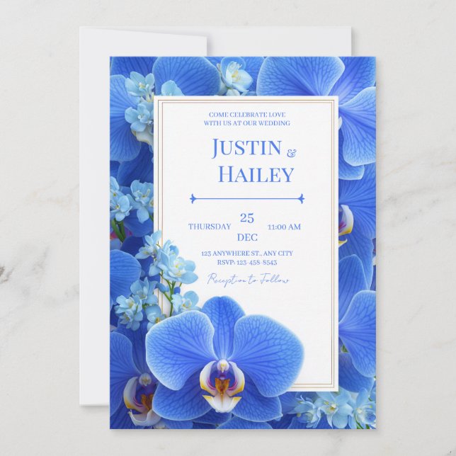 Royal Blue Orchid Modern Tropical Wedding Invitation (Front)