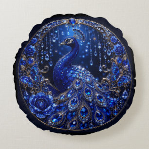 Royal Blue Peacock Crystal Glamour Round Cushion