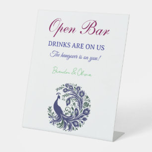 Royal Blue Peacock Wedding Open Bar Pedestal Sign