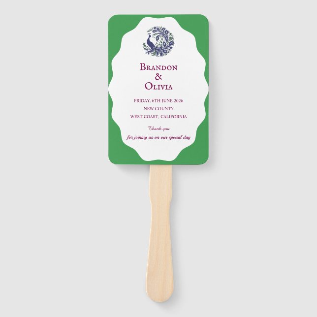 Royal Blue Peacock Wedding Program Set of Fans (Front)