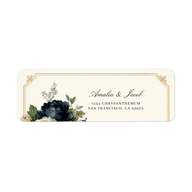 Royal Blue Peony Wedding with Gold Frame Address (Front)