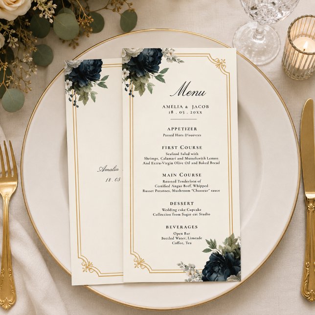 Royal Blue Peony Wedding with Gold Frame Details  Menu (Blue Peony Wedding with Gold Frame)