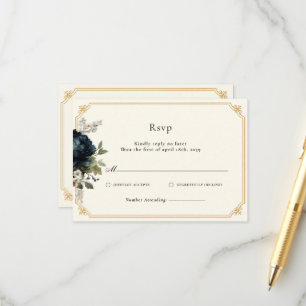Royal Blue Peony Wedding with Gold Frame RSVP Enclosure Card