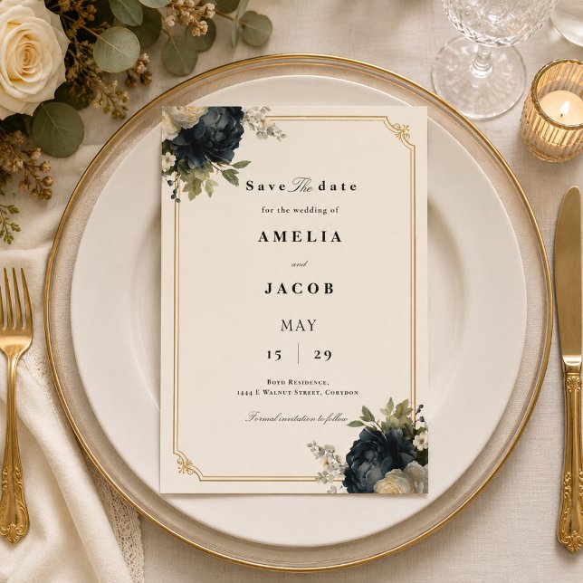 Royal Blue Peony Wedding with Gold Frame Save The Date (Blue Peony Wedding with Gold Frame)