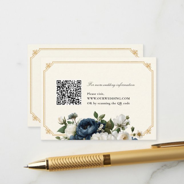 Royal Blue Peony Wedding with Gold Frame WEBSITE Enclosure Card (Front/Back In Situ)