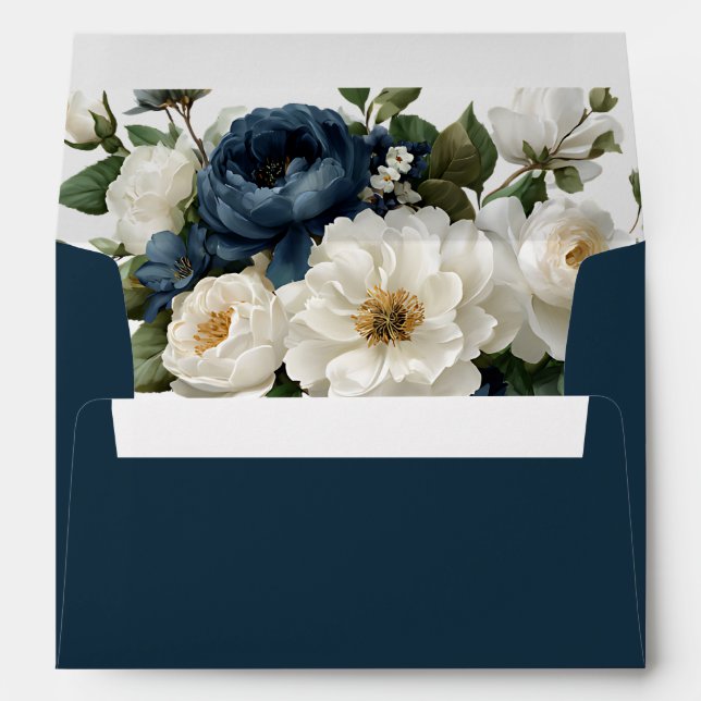 Royal Blue Peony & White Floral Wedding Envelope (Back (Bottom))