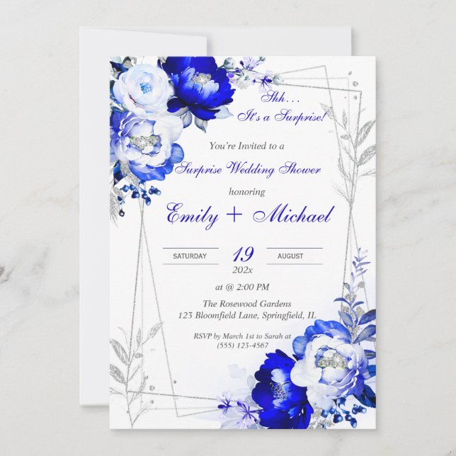 Royal Blue Personalised Surprise Wedding Shower Invitation (Front)