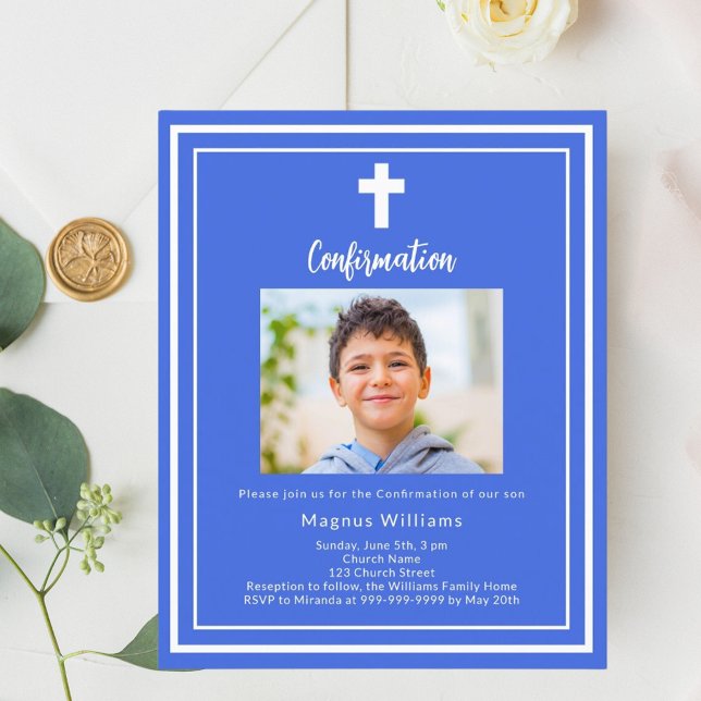 Royal blue photo boy Confirmation invitation (Creator Uploaded)