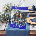 Royal blue photo collage birthday party welcome pedestal sign<br><div class="desc">Create your own unique photo collage. Use four,  4 of your favourite photo. Personalise and add a name and age. Royal blue background,  white text.</div>