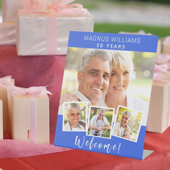 royal blue photo collage birthday party welcome pedestal sign (Creator Uploaded)